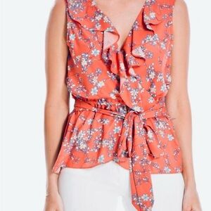 Max Studio Floral Sleeveless V-neck Ruffle Top Blouse Wrap Size L
